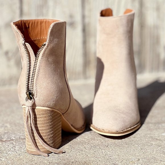 Taupe Faux Suede Pointed Toe Rivet Mini Studded Block Heel Ankle Bootie Boot - Picture 12 of 16